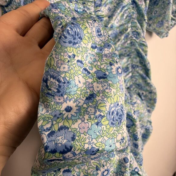 For Love & Lemons Blue Floral Alana Ruched Mini Dress | Bodycon Puff Sleeves - Picture 8 of 11